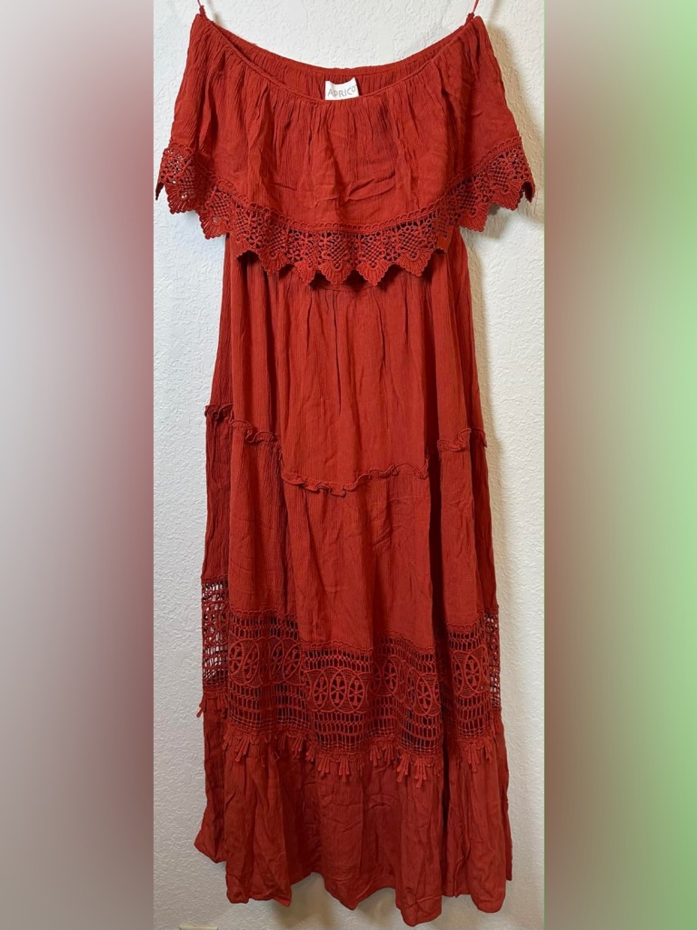 APRICOT Rust Red Off-Shoulder Crochet-Trim Maxi Dress